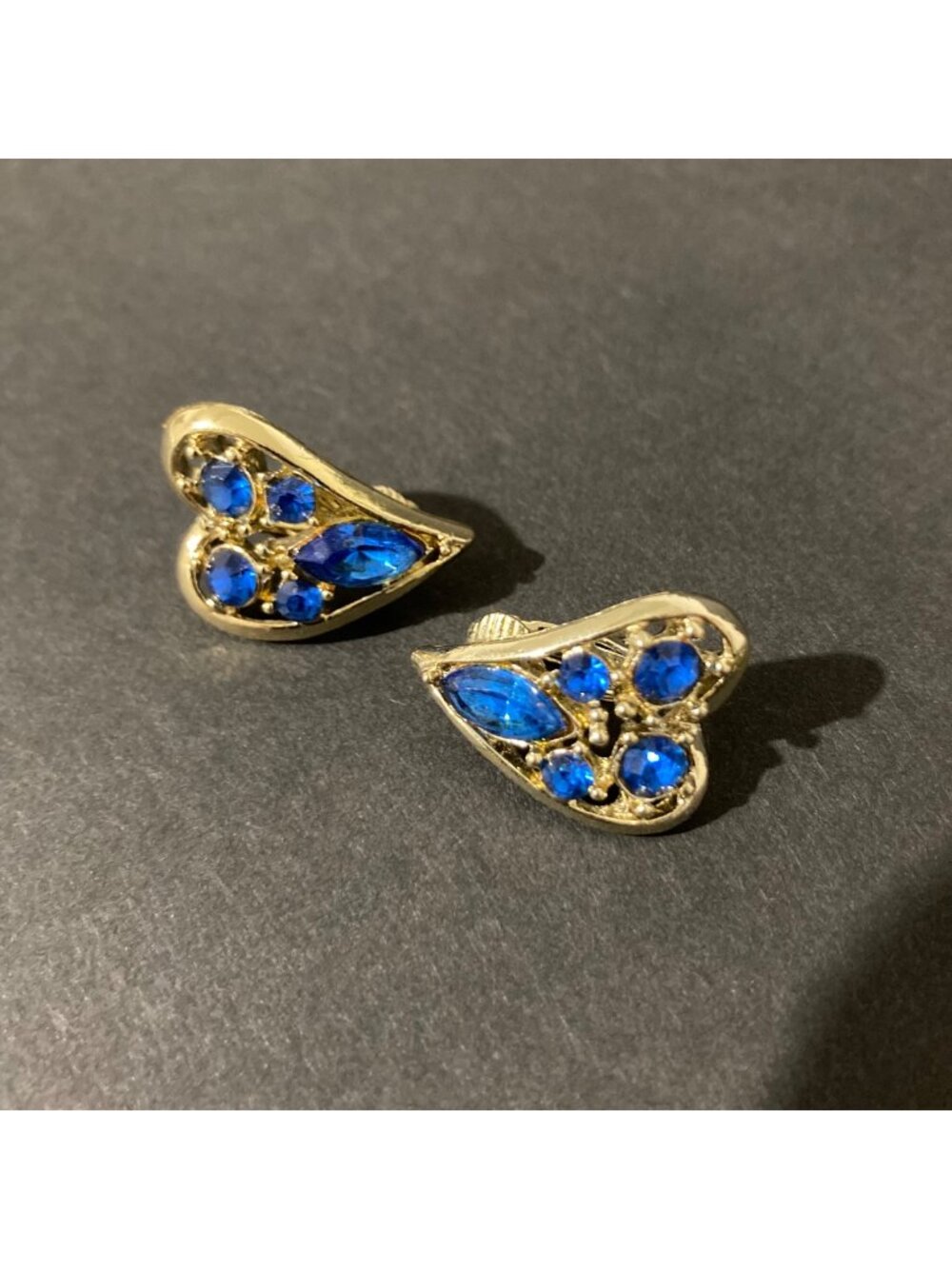 Vintage Blue Rhinestone Heart Clip-On Earrings Elegant Retro Jewelry